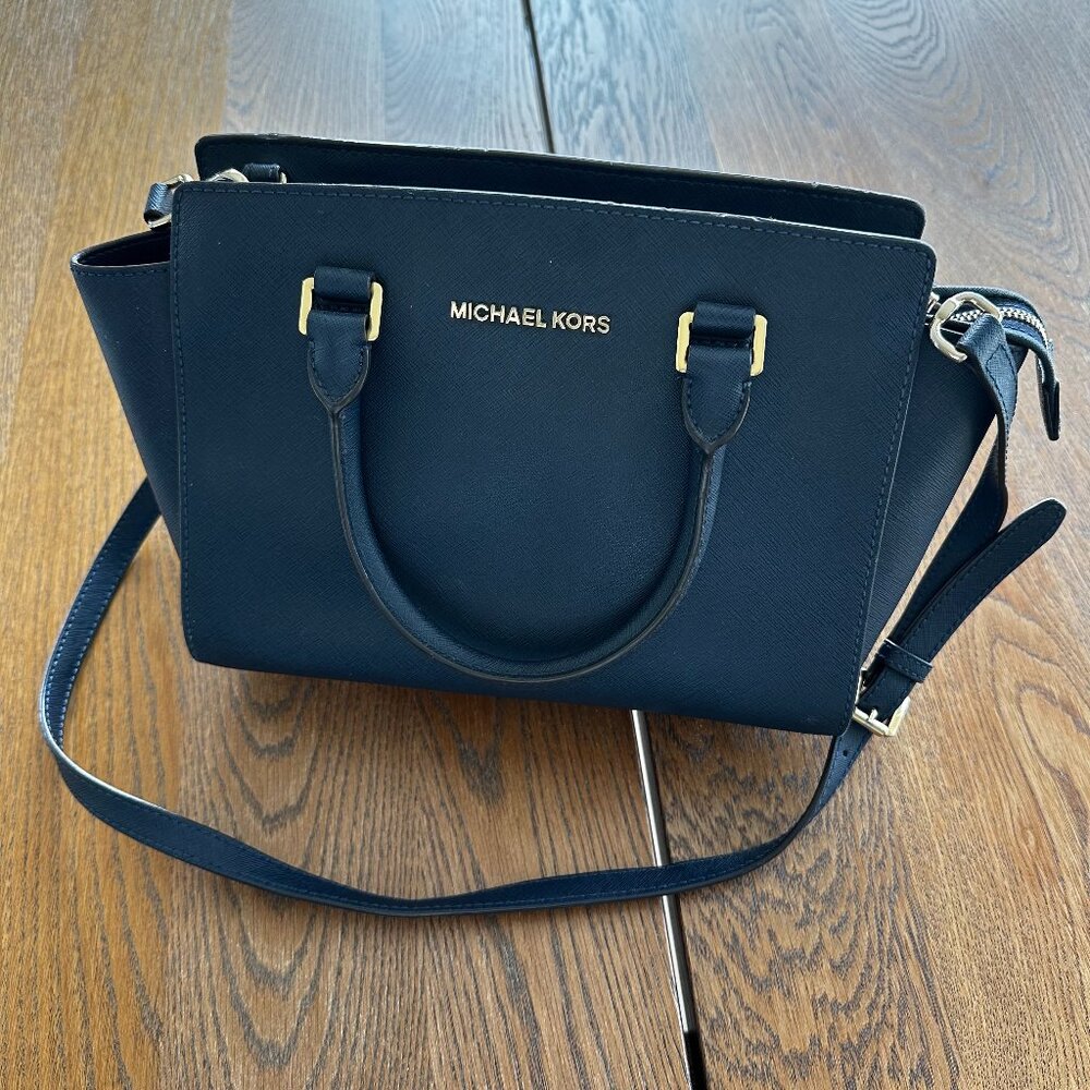 Michael Kors Selma Saffiano Leather Satchel Messenger Handbag Medium Navy Blue - Picture 2 of 15